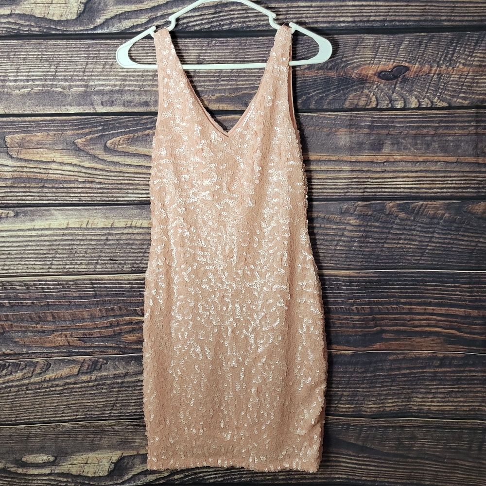 Medium Blush Pink Sequin Sleeveless V Neck Dress.